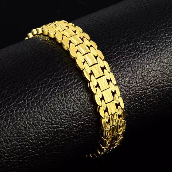 Fashion Cool 24K Yellow Gold Plated Gear Chains Bracelet 12mm 8" for Men