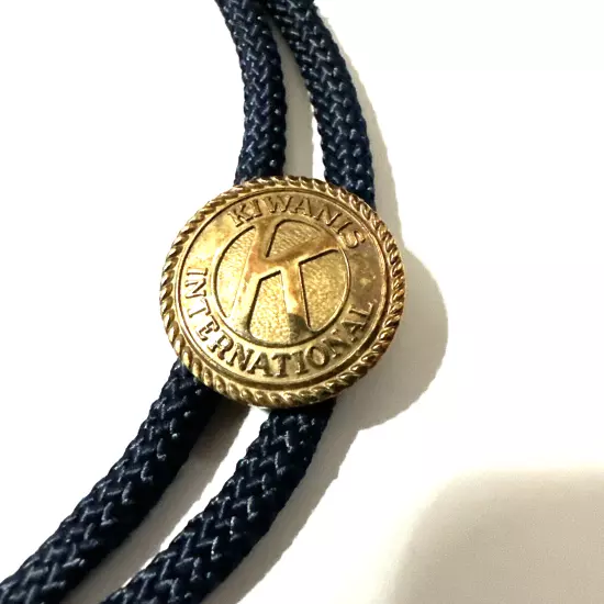 Vintage Kiwanis International Bolo Tie Gold Tone on Blue Cord 17" Long