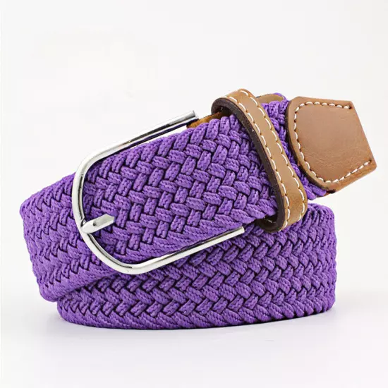 Mens Ladies Belts Canvas Webbing Braided Leather U Buckle Elastic Woven Stretch