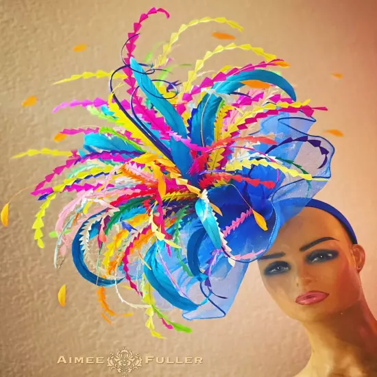 Aimee Fuller Kentucky Derby Fascinator Big Hat Rainbow Yellow Red Royal Ascot