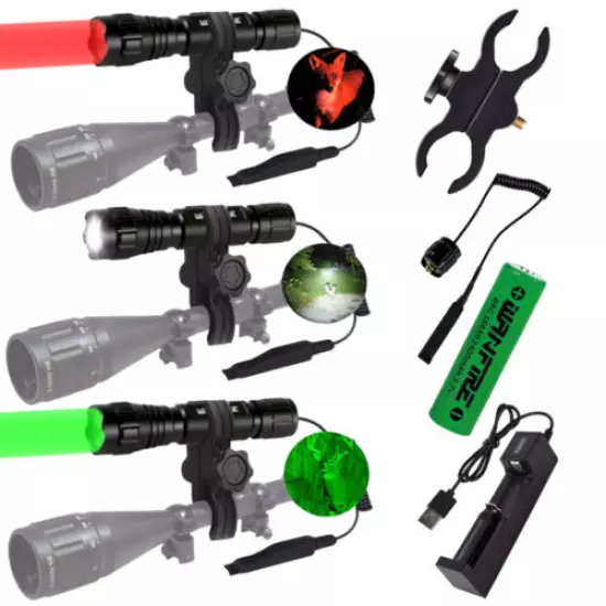 Green/Red/White LED Coyote Hunting Flashlight Weapon Gun Light Scope Mount Rifle