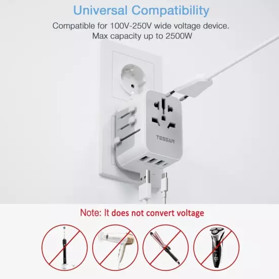 Universal Travel Adapter, International Plug Adapter, 4 puertos USB (1 USB C)