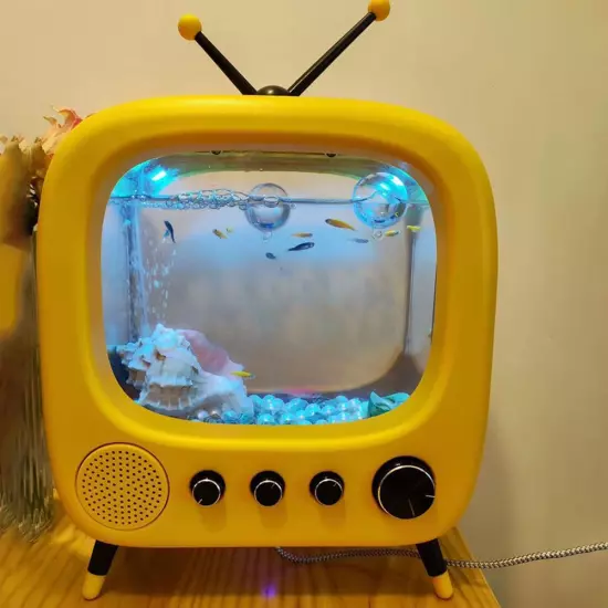 Fish Tank with Lamp Television Styling Small Cute Vintage Desktop Dec