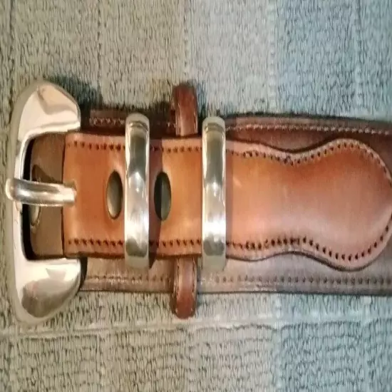 Brown Men's Dress Western Genuine Leather Belt Silver Tone Buckle Sz.36