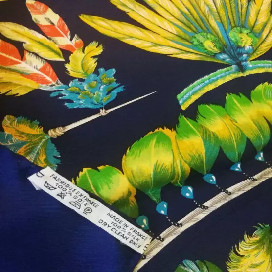 HERMÈS Scarf Carres 90 Navy Yellow Silk Pattern With Feathers Women France