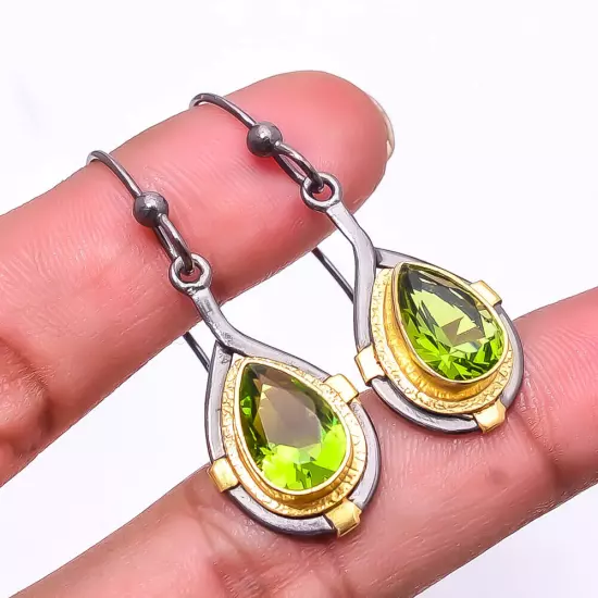 Peridot 925 Sterling Silver Black And Gold Rhodium Plated Earring 1.76" E14