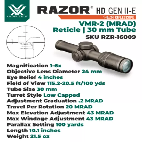 Vortex Optics Razor HD Gen II-E 1-6x24 VMR-2 MRAD Riflescope with Rings and Hat