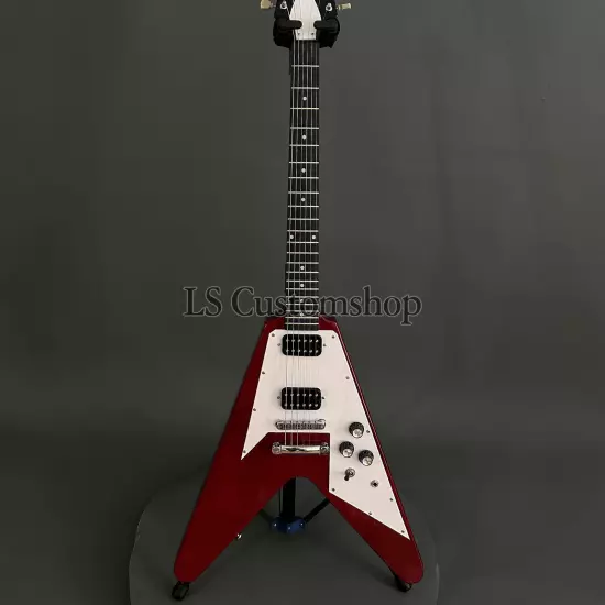 Transparent Red V Shaped Electric Guitar HH Chrome Part Solid Mahogany Fast Ship