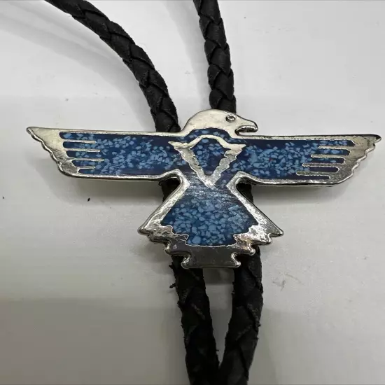 Vintage Bolo Tie Eagle With Crushed Turquoise Inlay Silver Tone Black Cord