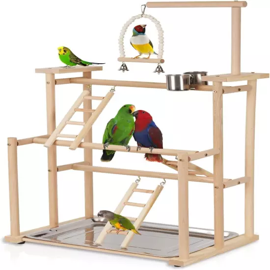 4-Layer Wooden Parrot Playstand with Feeder Cups & Bells - Bird Playground Gym