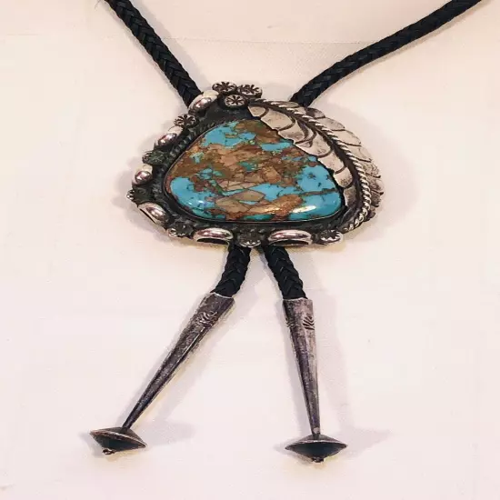 Vtg Bennett Silver Turquoise BOLO TIE w/ Leaf + Aiguillettes C-31 Pat. Pend.