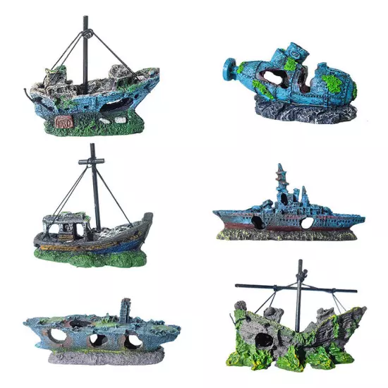 Aquarium Sunken Ship Decoration Resin Fishtank Ornaments Hideout Boat Statues