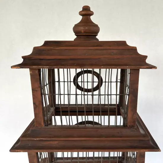 Vintage Bird Cage 30" Pagoda Style Brown Wood & Wire Large Floor Standing Cage