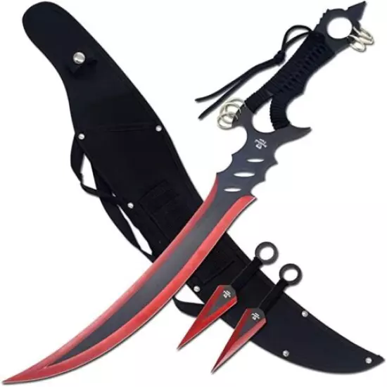 Snake Eye Tactical Red Ninja Sword and 2 Pc Kunai/Throwing Knife Set with Sheath