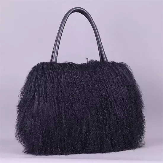 FINILUO Real Long Lamb Fur/Mongolian Fur with Genuine Leather Handles Handbag