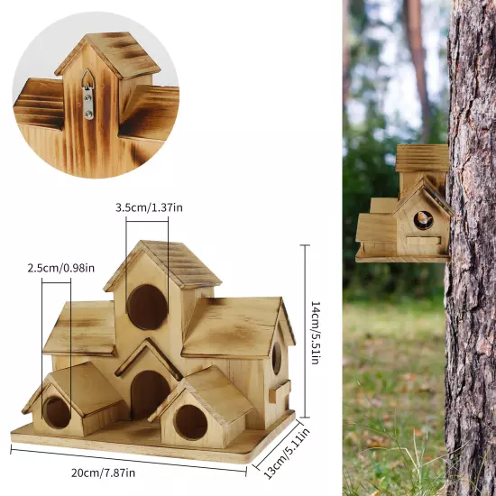 Bird House with 6 Holes Handmade Wooden Birdhouse Hanging Bird Nesting Box._