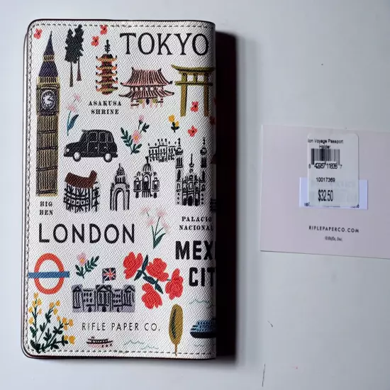 RIFLE PAPER CO. PASSPORT HOLDER WALLET ~ BON VOYAGE! PARIS NYC Excellent UNUSED