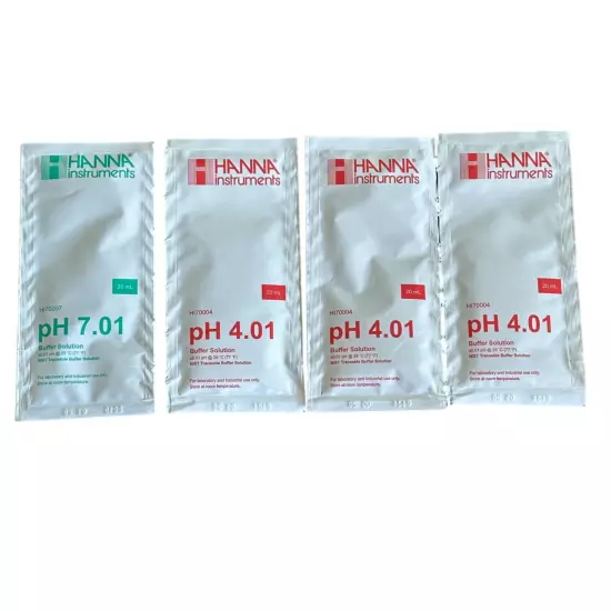 3x 20ml pH 4 Buffer Calibration Solution and 1x pH 7 Solution 4.01 hanna/hi70004