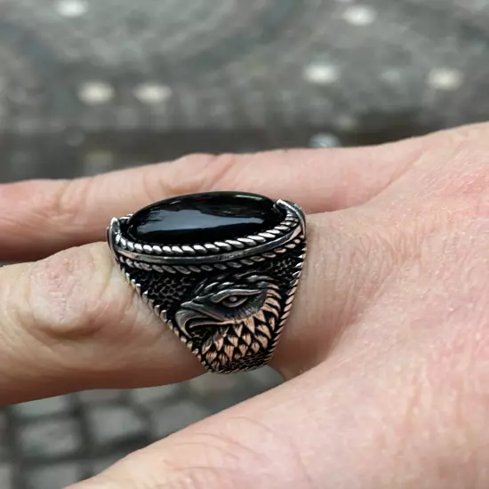 925k Silver Black Onyx Gemstone Ring Men Handmade Eagle Model Ring