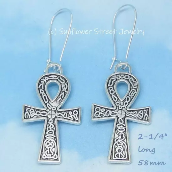 Hieroglyphs Ankh Earrings Antique Silver Tone 02044 Egyptian Cross