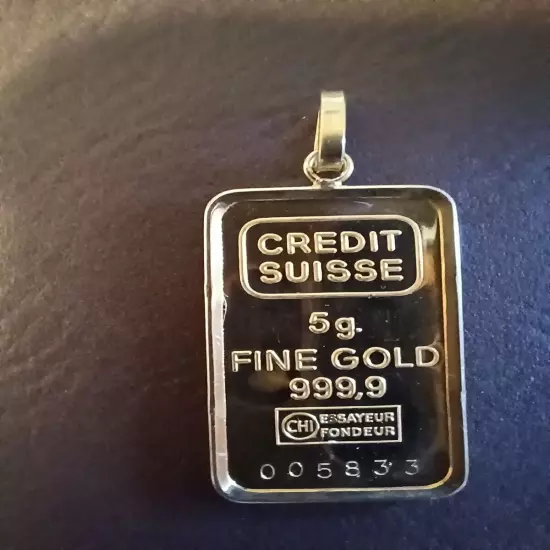 Vintage Credit Suisse 5 Gram 999.9 Fine Gold Bar Pendant 14k Bezel & Assay Cert.