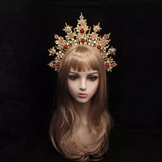 Antique Women Baroque Cross Goddess Halo Crown Headband Virgin Mary Headpieces