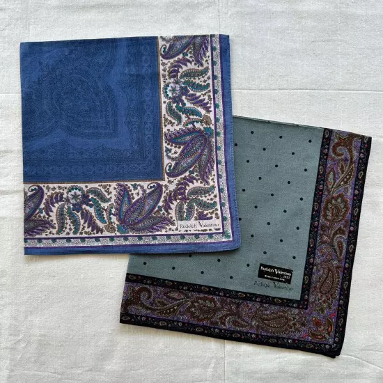 Set of 2 Handkerchief Vintage Green Blue Cotton Floral Paisley Pocket Square 18"