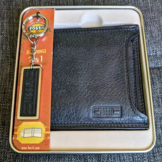 Fossil Men's Derrick Leather RFID Sliding 2-in-1 Wallet BiFold Black In Tin New