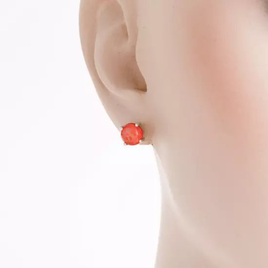 Red Fire Opal 8mm Round Cabochon Silver Jewelry Women Simple Stud Earrings