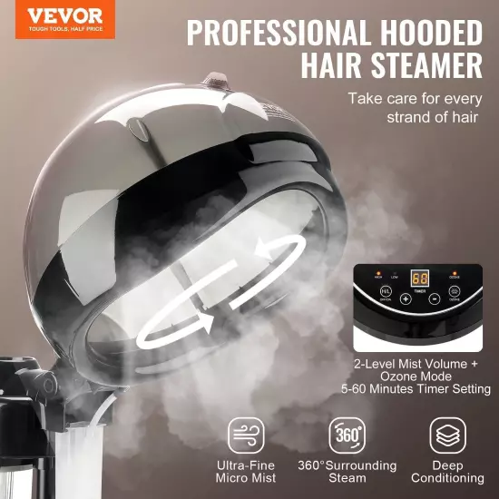 VEVOR Professional Hair Steamer for Deep Conditioning, 11.81-inch Hooded Ionic 