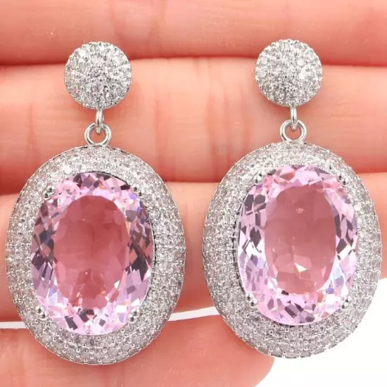 Pretty Big Oval Gemstone Pink Kunzite CZ Gift For Girls Silver Earrings 