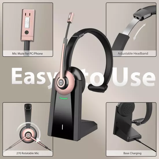 Wireless Headset Noise Canceling Microphone Mic Mute Charging Base USB Dongle