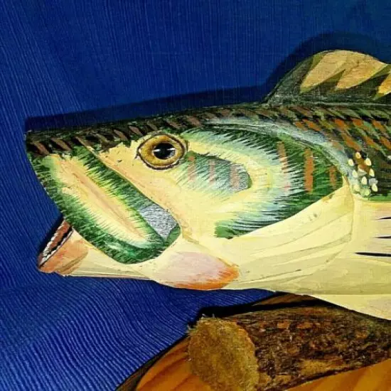 Large Mouth Bass Fish Wood Carving on Oak Base>Fine Detail Scales &Teeth Carved