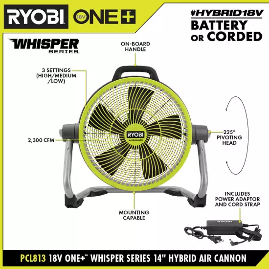 R 365 RYOBI 18V ONE+ HYBRID WHISPER SERIES 14" AIR CANNON FAN TOOL ONLY PCL813B~