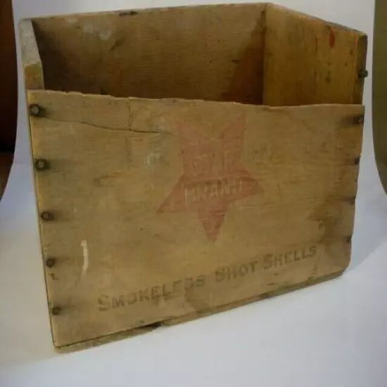 HTF VINTAGE STAR BRAND 12 GUAGE 2 3/4 LONG RANGE SHOT WOOD AMMO BOX CRATE