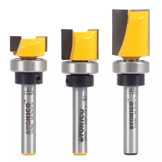 3 Bit 5/8" Diameter Flush Trim Router Bit Set - 1/4" Shank - Yonico 14324q