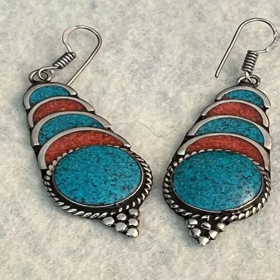 E17 Silver Turquoise and Carnelian Pierced Dangle Fishhook Earrings