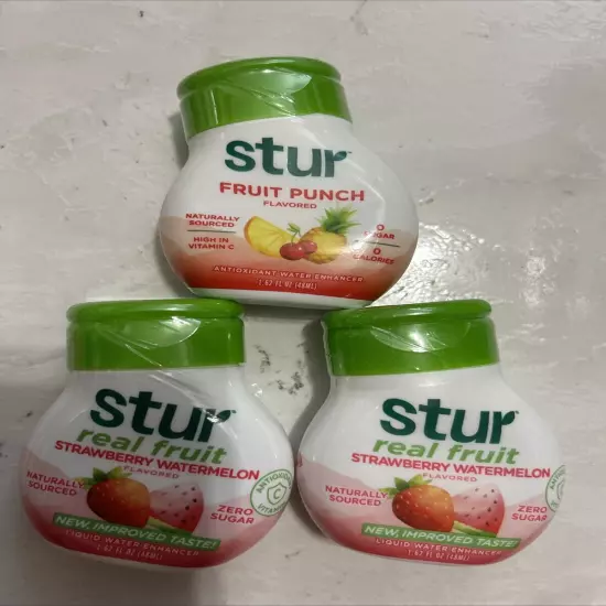 Lot 3 Stur Real Fruit Strawberry Watermelon Antioxidant Water Enhancer 1.62 oz