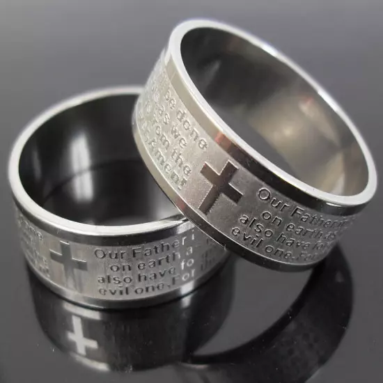 6pcs ETCH English LORD'S PRAYER Stainless Steel Ring MEN Jesus Cross Jewelry 