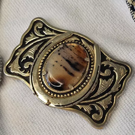 Vintage Western Agate Stone Belt Buckle Horse Bolo Tie Brass Cowboy