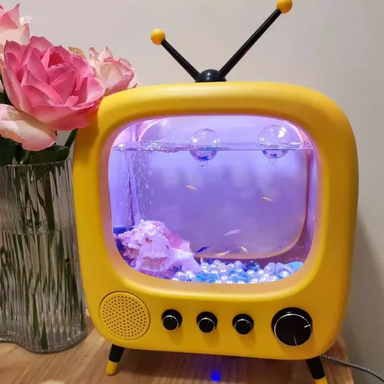 Fish Tank with Lamp Television Styling Small Cute Vintage Desktop Dec