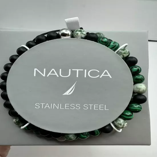 740-PATT Nautica NEW Men’s Black, Silver ,Green, White Beaded Stretch Bracelets