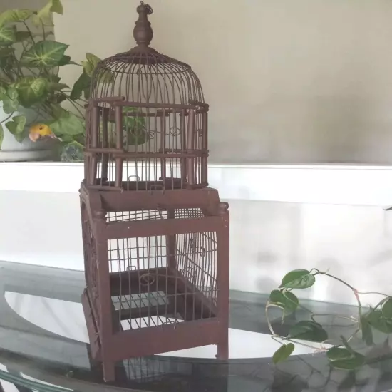 Vintage Bird Cage Small Dome Top Wire Swing Spring Door Hinged Bottom Opens