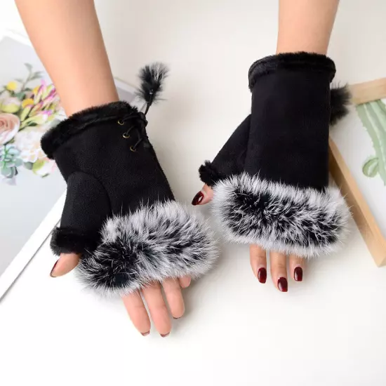 Womens Winter Warmer Fingerless Gloves Faux Rabbit Fur Suede Wrist Solid Mittenღ