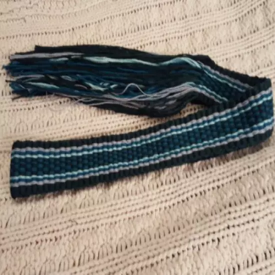 Item20192431 Powder horn strap belt shades of teal cotton 48.5" long x 1 3/8"