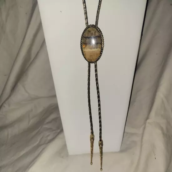 Vintage Natural Honey Onyx Bolo Tie Gold Tone Setting N Tips 1970's