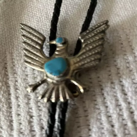 Vintage Native American Bolo Tie Turquoise, Thunderbird Phoenix Black Leather