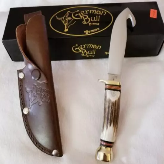 GERMAN BULL GUT HOOK KNIFE GERMAN STAINLESS GB-101, W/LEATHER SHEATH, NEW W/BOX 