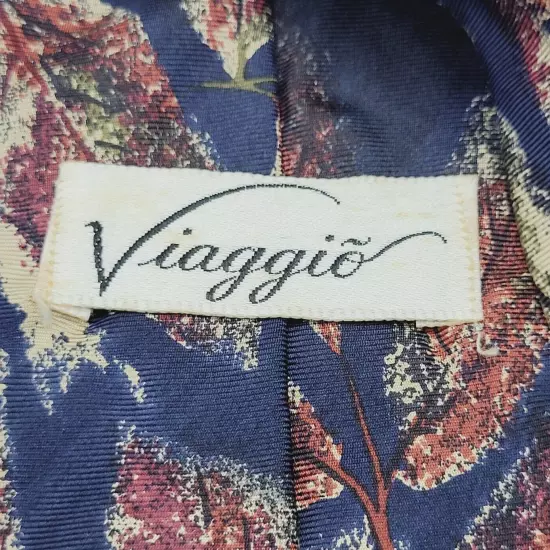 Dark Blue Maroon Beige Leaf Sprawl Pattern Silk VIAGGIO Vintage Business Necktie