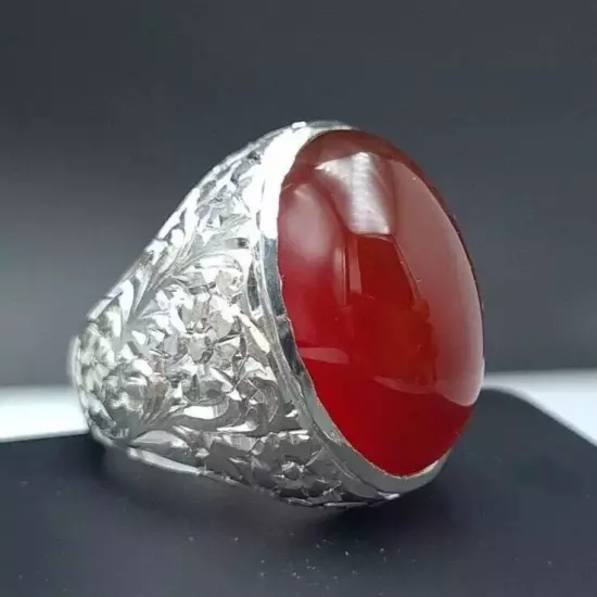 Deep Red Mens Agate Ring - Yemeni Aqeeq Ring in 925 Sterling Silver